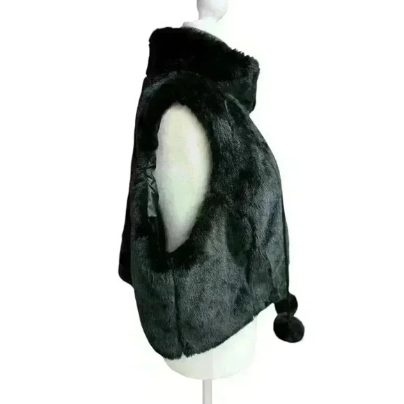FAUX FUR BLACK VEST WITH POM POM TASSELS HOOK CLOSURE STAND UP COLLAR SIZE L - Picture 4 of 11